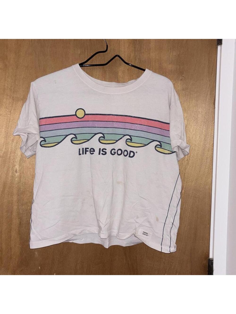 Life is Good Crusher Women's Medium White T-Shirt with Rainbow Wave Graphic